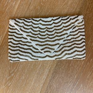 White and Gold Evening Half Beaded Clutch with Brass Chain Strap